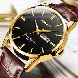 工厂批发新奇特手表男士2021新款自动石英双日历防水夜光头层牛皮