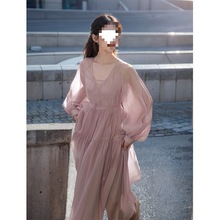 灰紫超长连衣裙2024春夏新款气质名媛时尚设计长袖两件套字裙代发