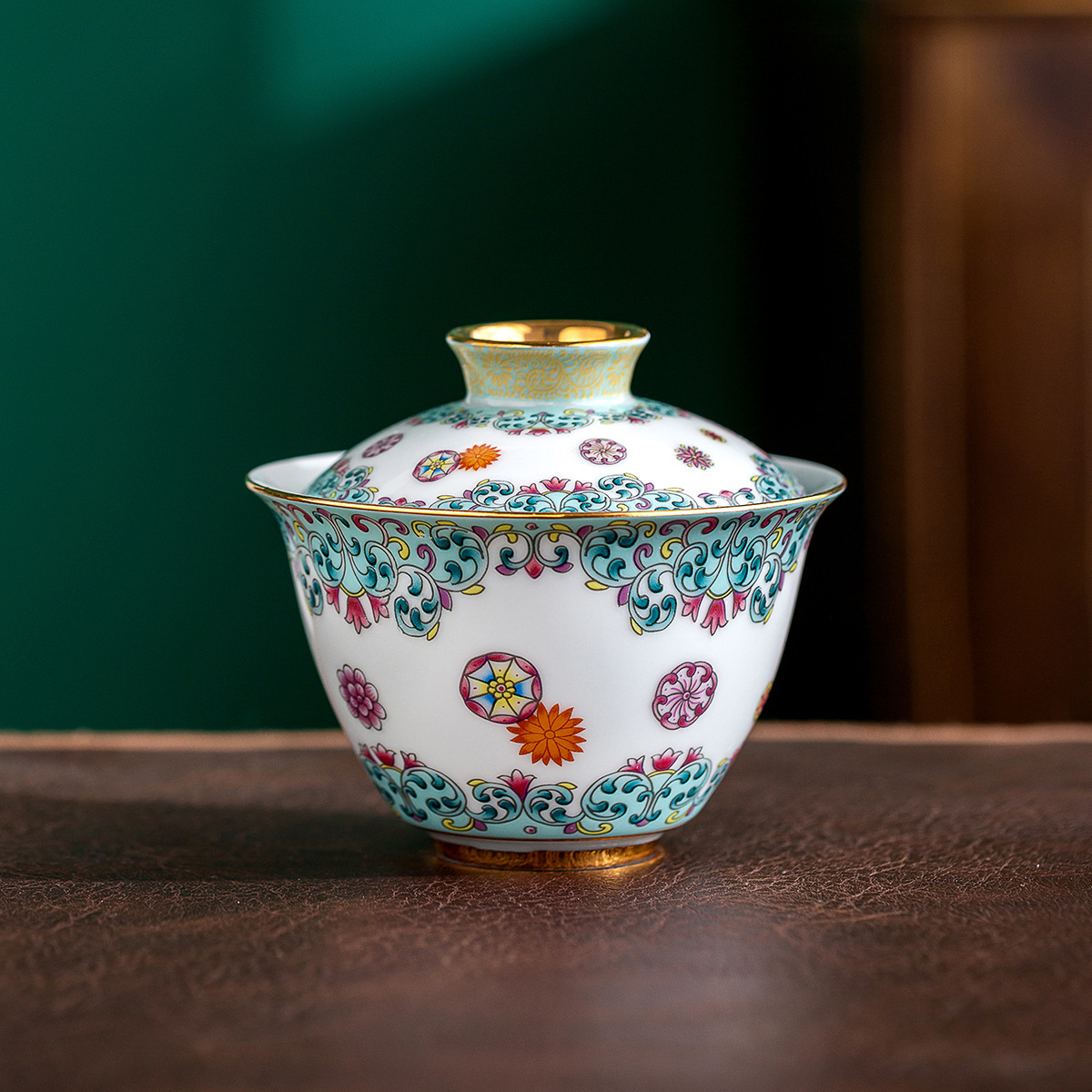 宫廷风珐琅彩三才盖碗泡茶杯单个壶承功夫茶具茶碗家用复古