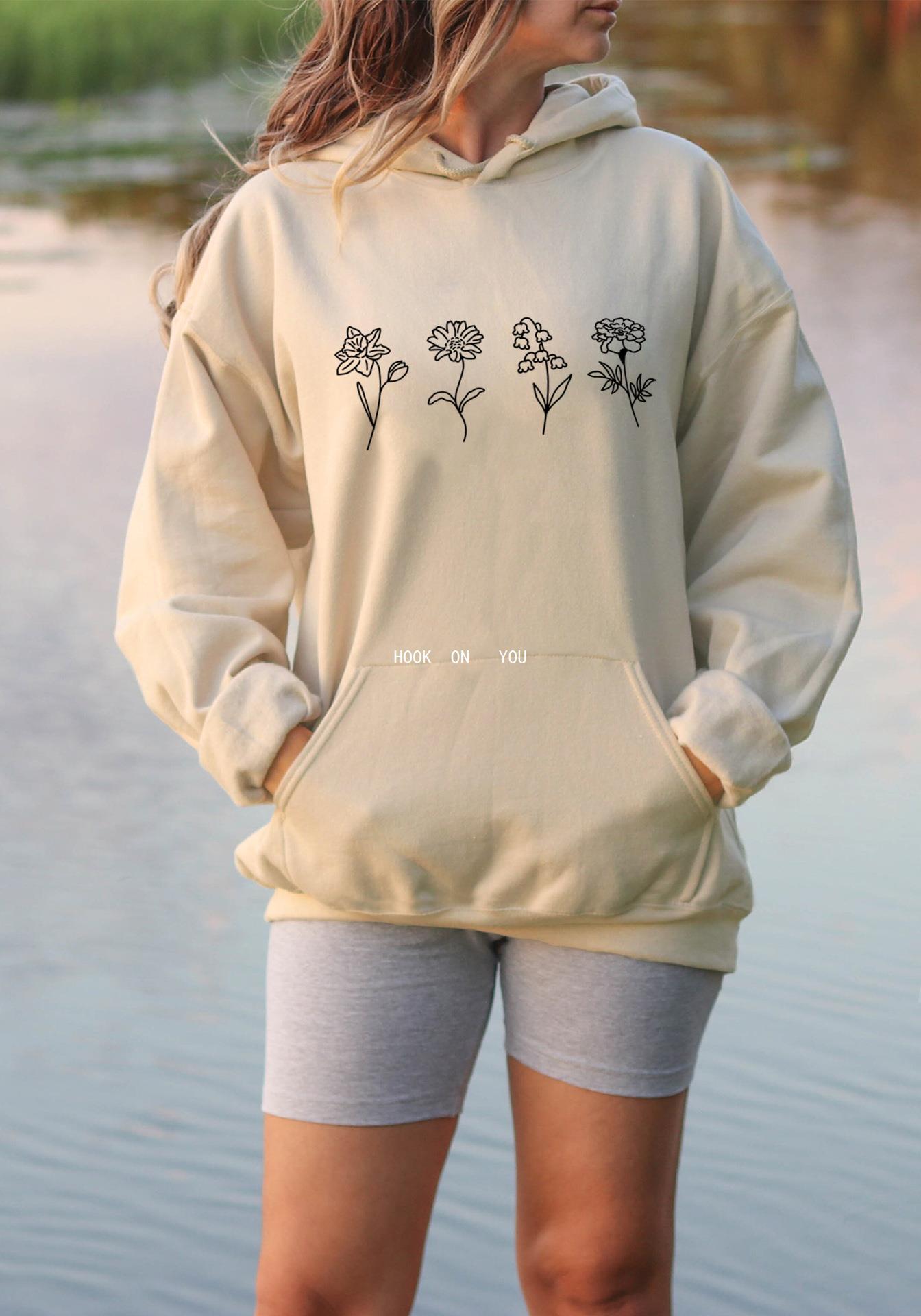纯色小花连帽衫 欧美连帽卫衣 素色字母卫衣 oversized hoodie