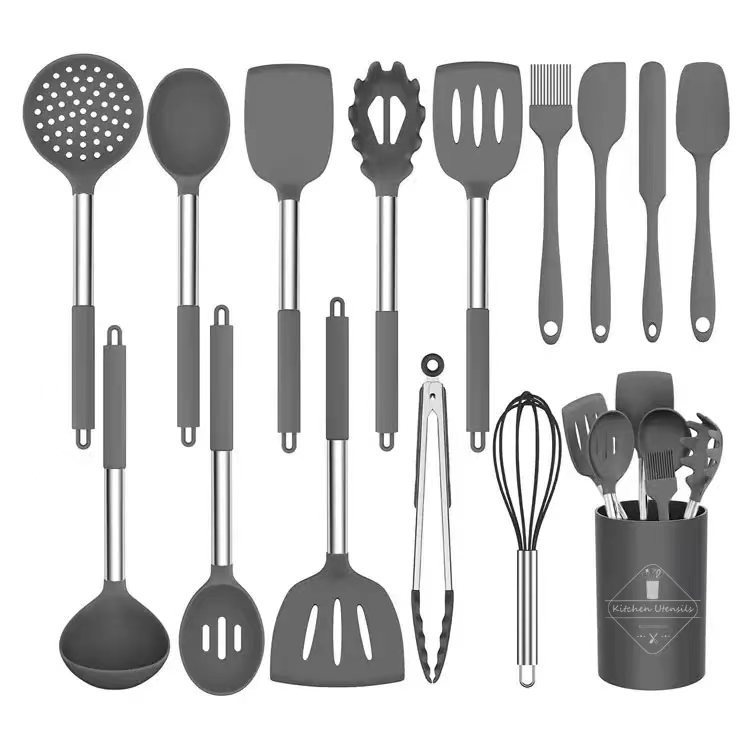 Kitchen Tools Stainless Steel Pipe Handle Silicone Kitchenware Kitchen Utensils Cooking Spoon and Shovel Non-Stick Pan Storage Bucket 15-Piece Set