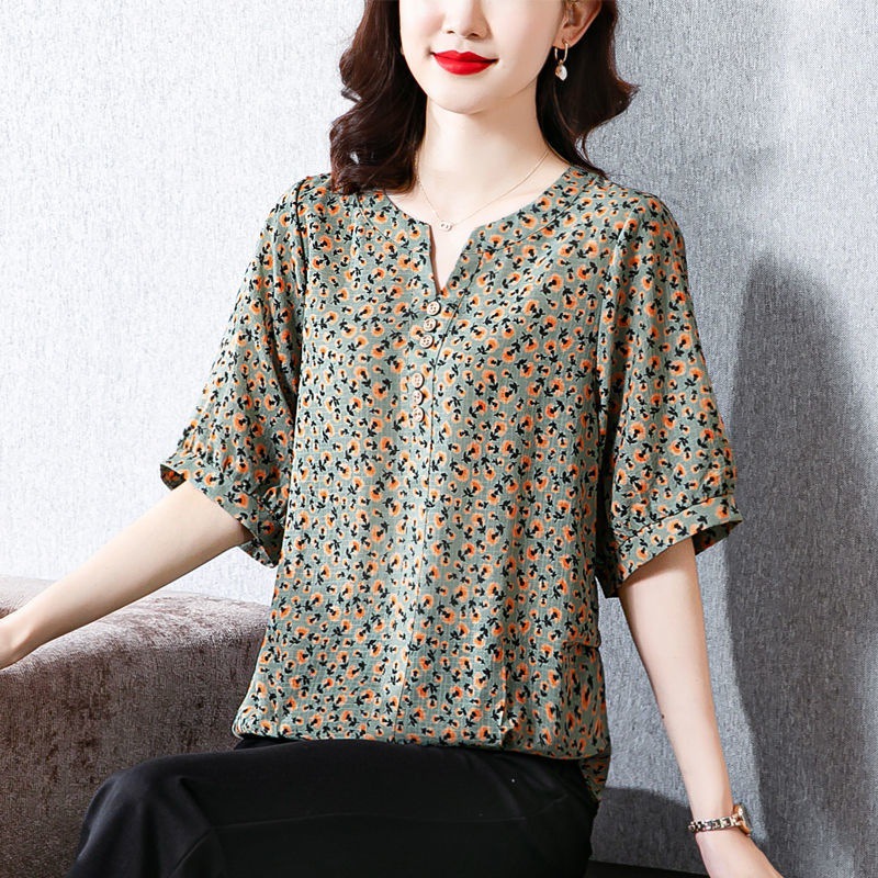 中老年人妈妈装夏装2022新款棉麻女装上衣服女中年人40岁遮肚小衫