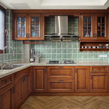 美式红橡原木实木整体橱柜可订樱桃木新中式厨房厨柜可订门台面的