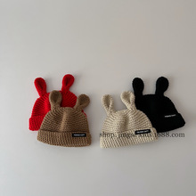 韩风儿童手工编制可爱兔耳毛线帽冬季新款男女宝宝保暖套头针织帽
