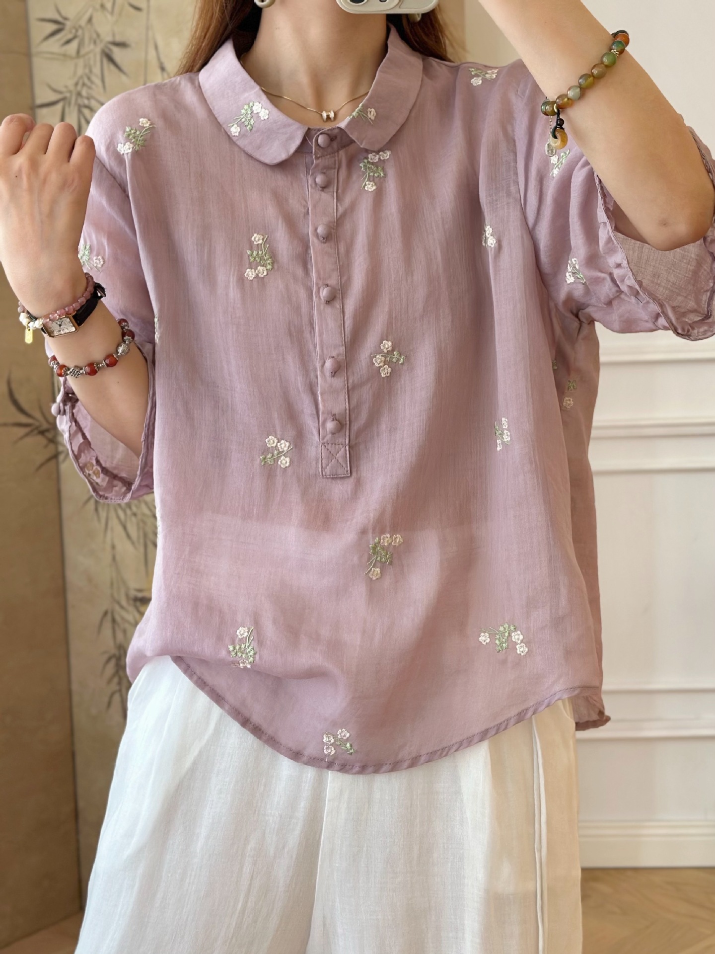 苎麻衬衫 2024夏季新款 气质套头半开襟上衣女五分袖宽松刺绣衬衣