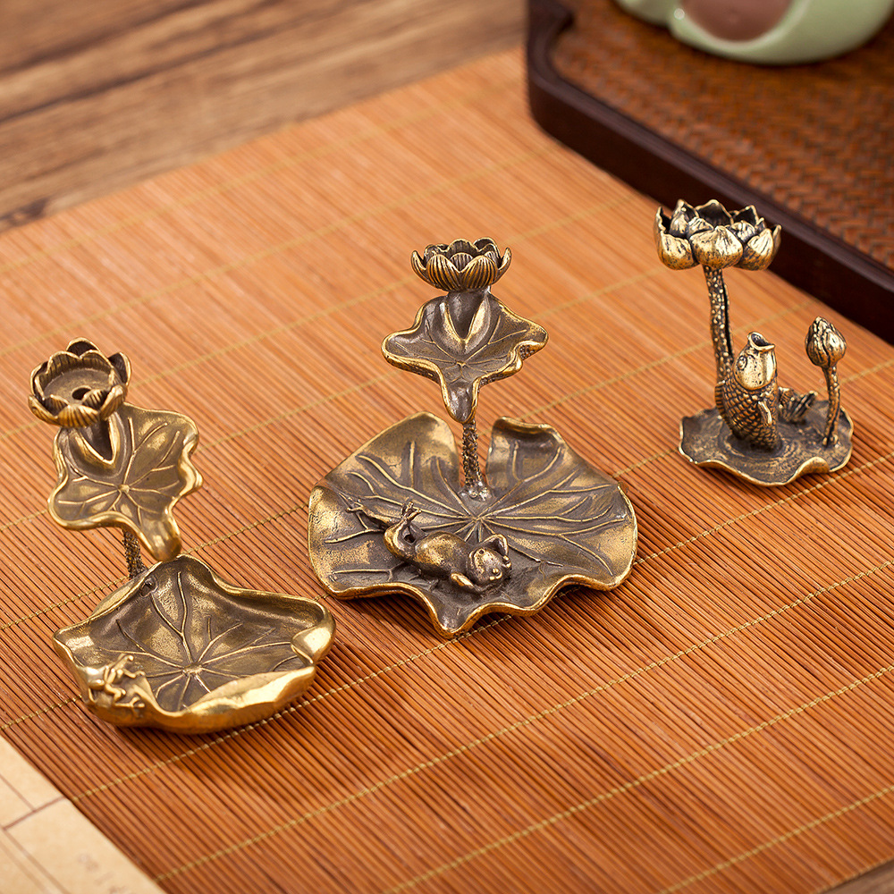 Pure Copper Lotus Leaf Lotus Backflow Incense Ornaments Solid Brass Frog Lotus Pond Artistic Conception Incense Stand Incense Holder Crafts