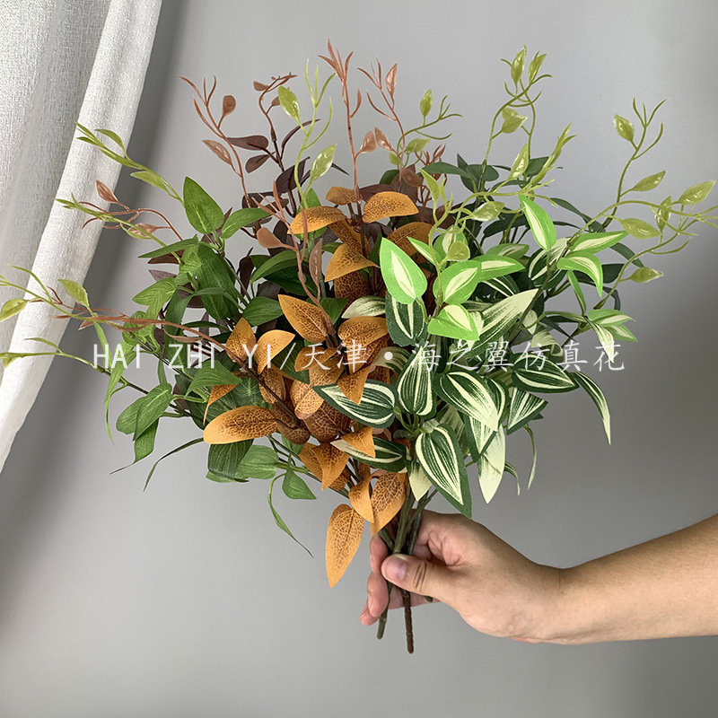 仿真小号5叉金银花叶婚礼堂插花配草植物墙装饰仿真绿植跨境外贸
