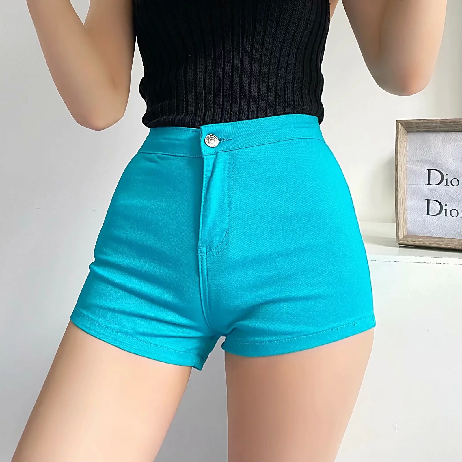 糖果色紧身包臀牛仔短裤网红潮流新款五色贴身高腰运动弹力热裤