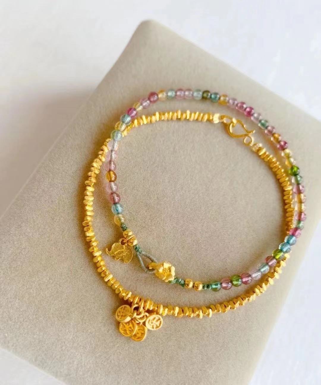 厂家直销手工簪刻碎金子手链24k古法黄金碎金隔片999足金三角型金