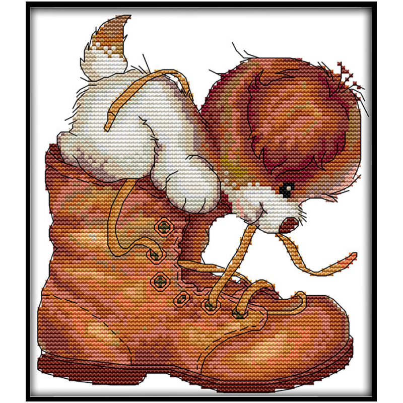 亚马逊直销十字绣狗狗与鞋客厅儿童房卡通可爱狗狗自绣刺绣画代发