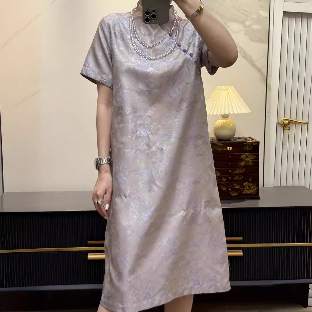 复古优雅端庄夏季织金异色萝桑蚕丝旗袍中长连衣裙-阿里巴巴