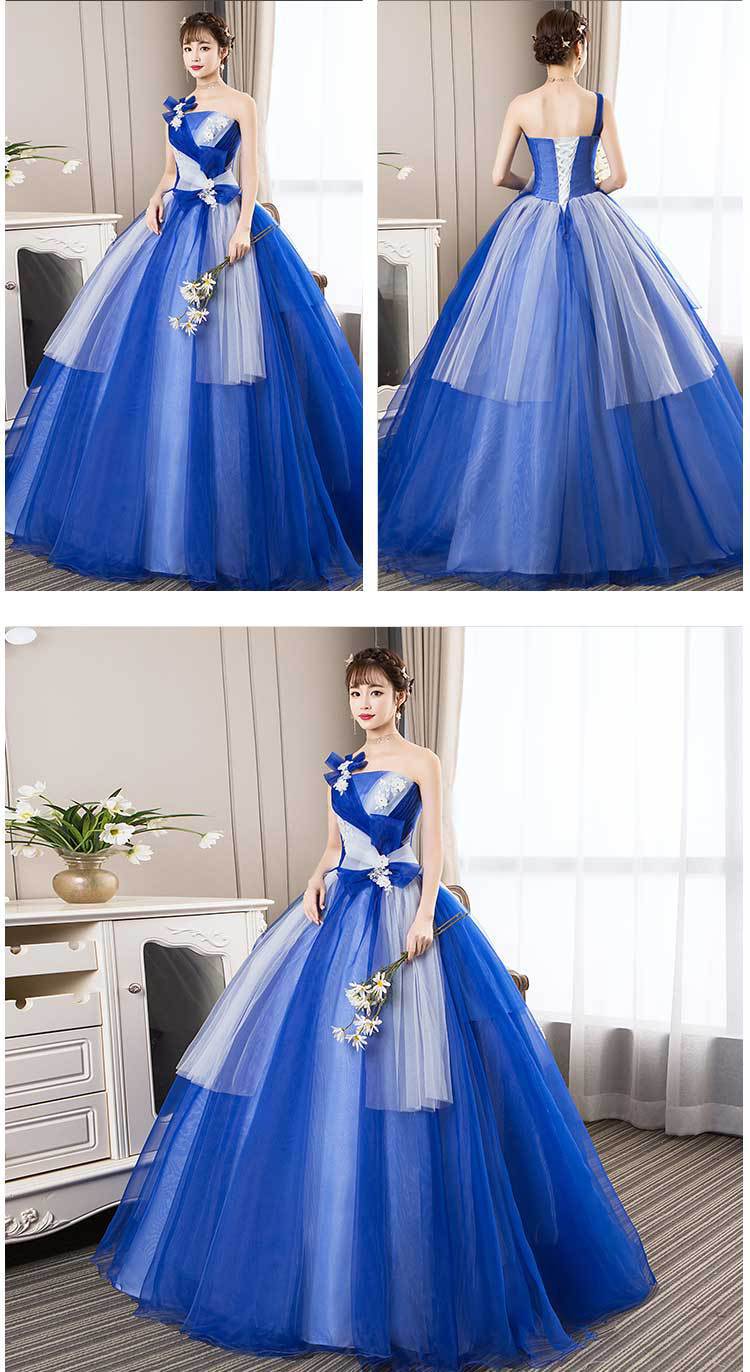 2021新款蓝色舞台演出服蓬蓬裙摄影写真单肩晚礼服彩纱