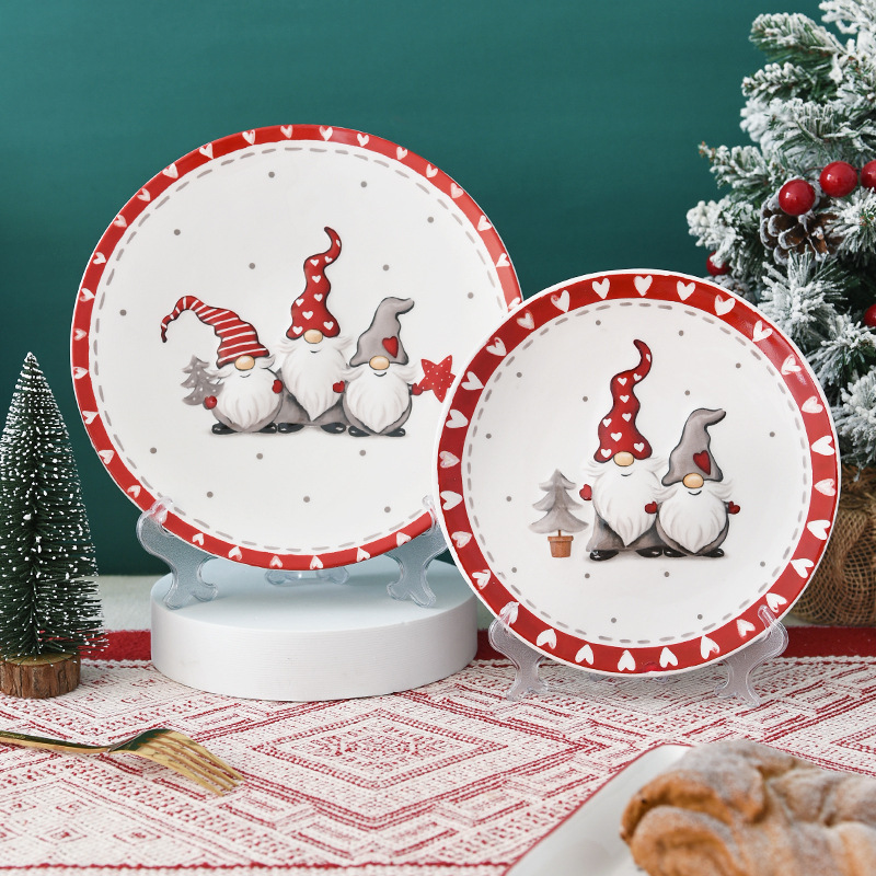Round Christmas Plate Ceramic Relief Shallow Plate Household Tableware Small Kit Dish Creative Breakfast Afternoon Tea Decoration Plate