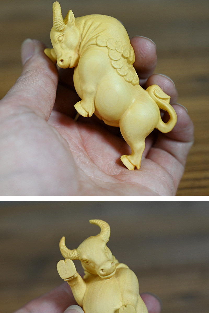 黄杨木雕牛气冲天斗牛摆件生肖金钱富贵小金牛木制工艺品办公摆饰