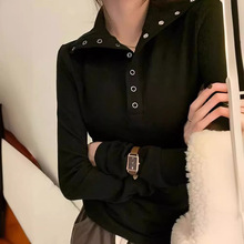 黑色感纽扣立领长袖t恤女春秋新款设计感修身显瘦打底衫上衣