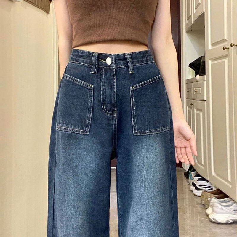   New Blue Gray American Wide eg Jeans Women's Big Pocket Straight High Waist Small Pear Shapes Mop Pants Women