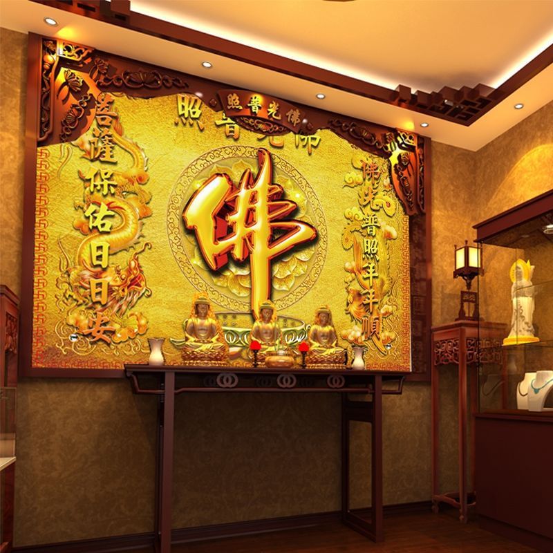 龙凤佛字装饰新款背景墙布壁画佛堂装修墙纸佛龛供奉壁布壁纸
