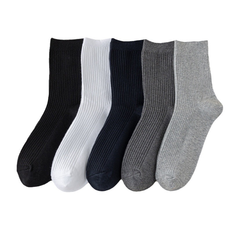 Socks Men's Middle Tube Socks Autumn and Winter Double Knitted Socks Breathable Sweat Absorbing Business Sports Spring and Summer Black Men's Solid Color Stockings