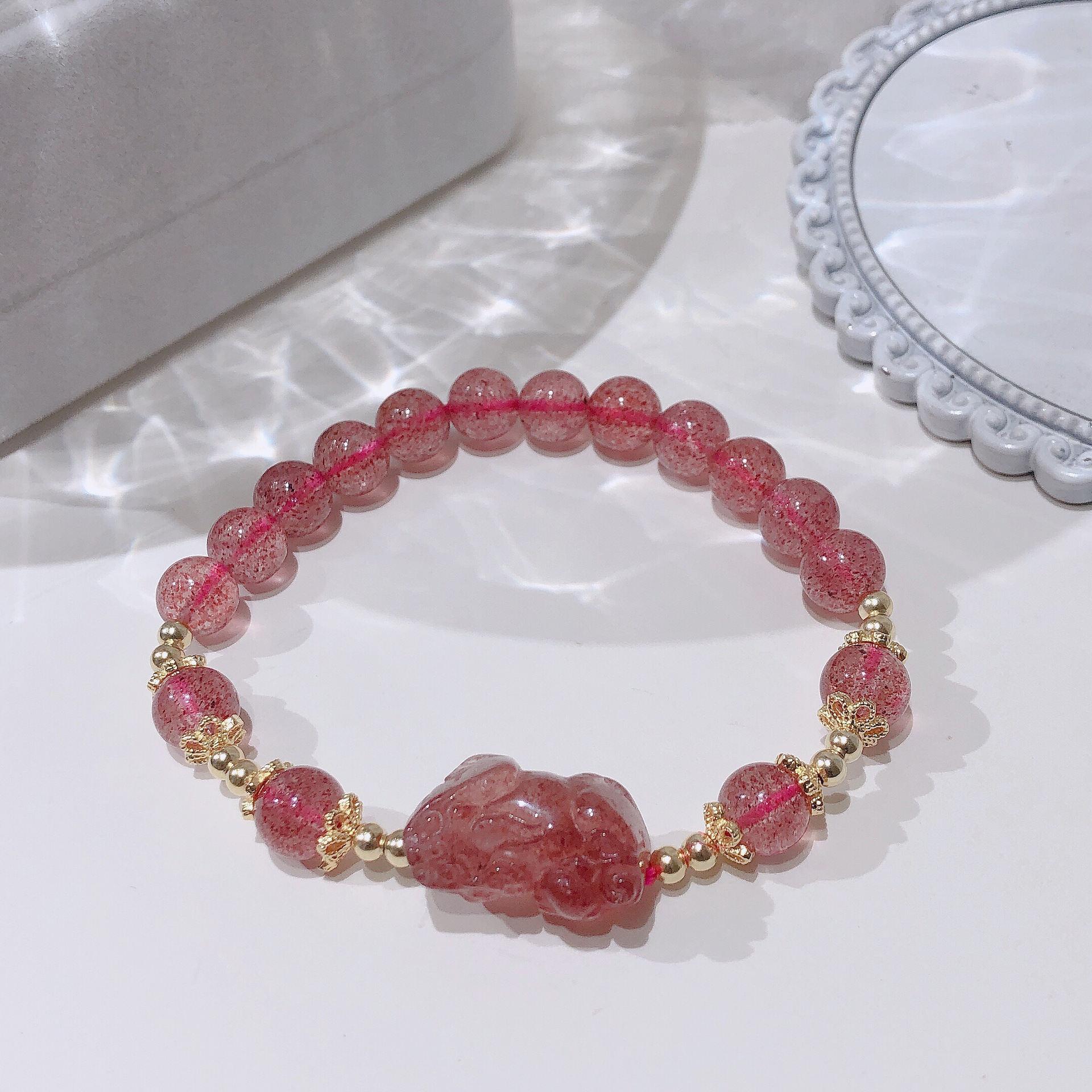 雏灵水晶 草莓晶貔貅手链 红润体草莓晶姻缘石女手串 银镀金