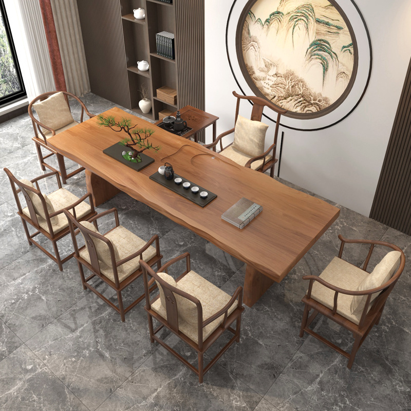 新中式大板茶桌椅组合家用功夫原木茶桌泡茶桌办公室实木复古茶台