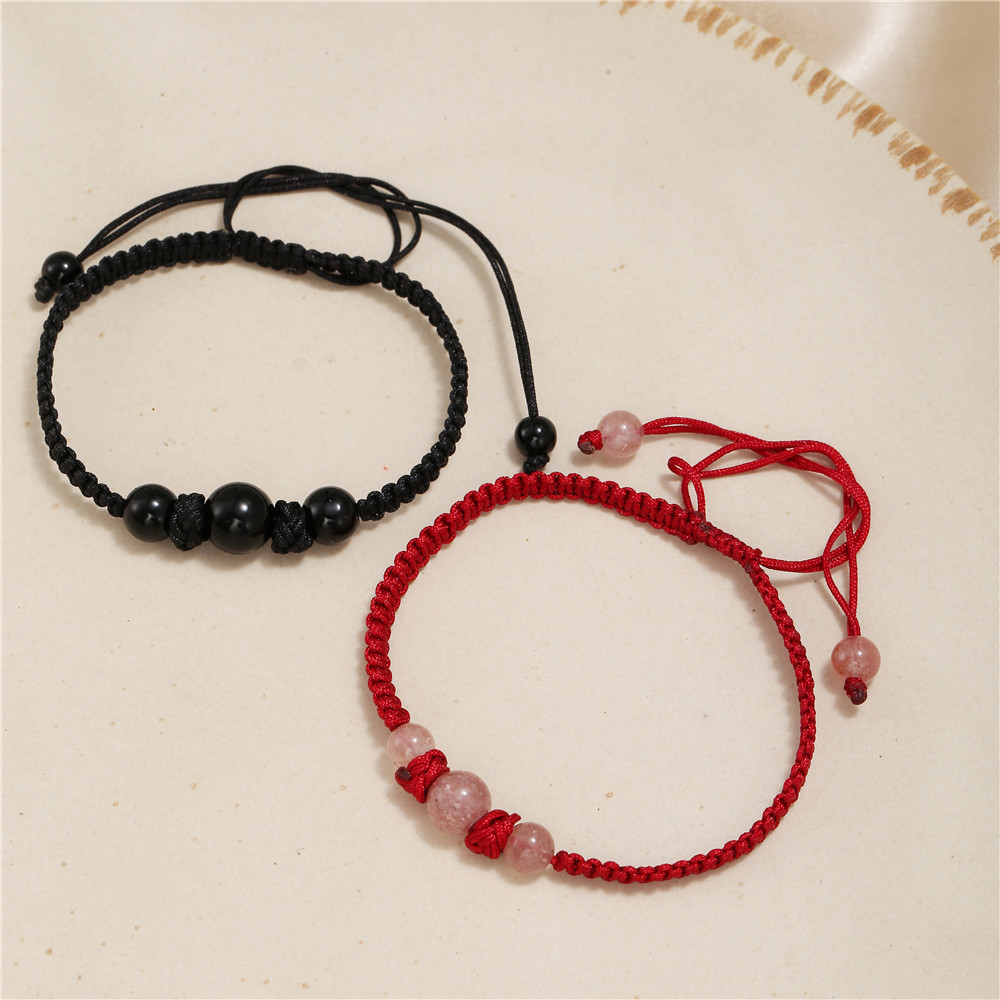 森系编织红绳草莓晶手链女 韩版简约学生风编织手链 情侣手链