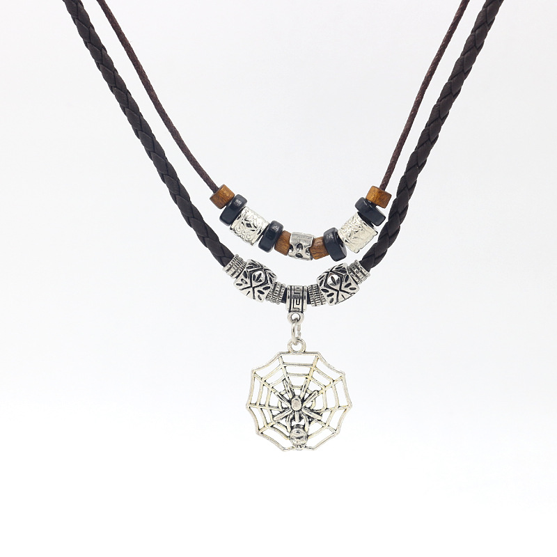新款民族风项链饰品男款蜘蛛网吊坠复古元素饰品男士皮绳项链