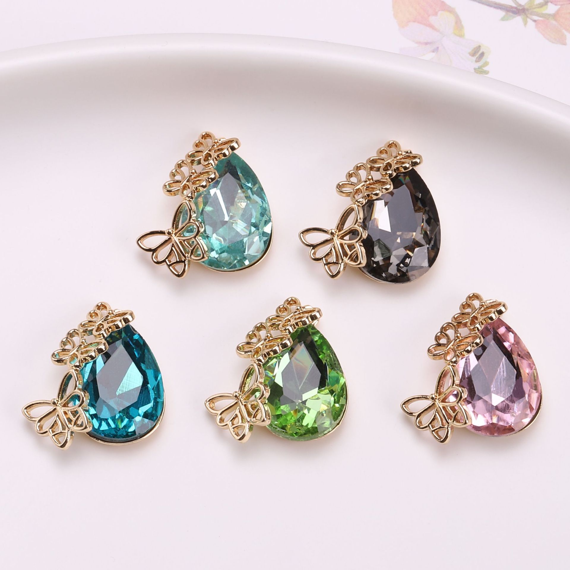 跨境水滴镂空蝴蝶吊坠宝石水晶耳环项链挂坠发簪步摇 diy饰品配件