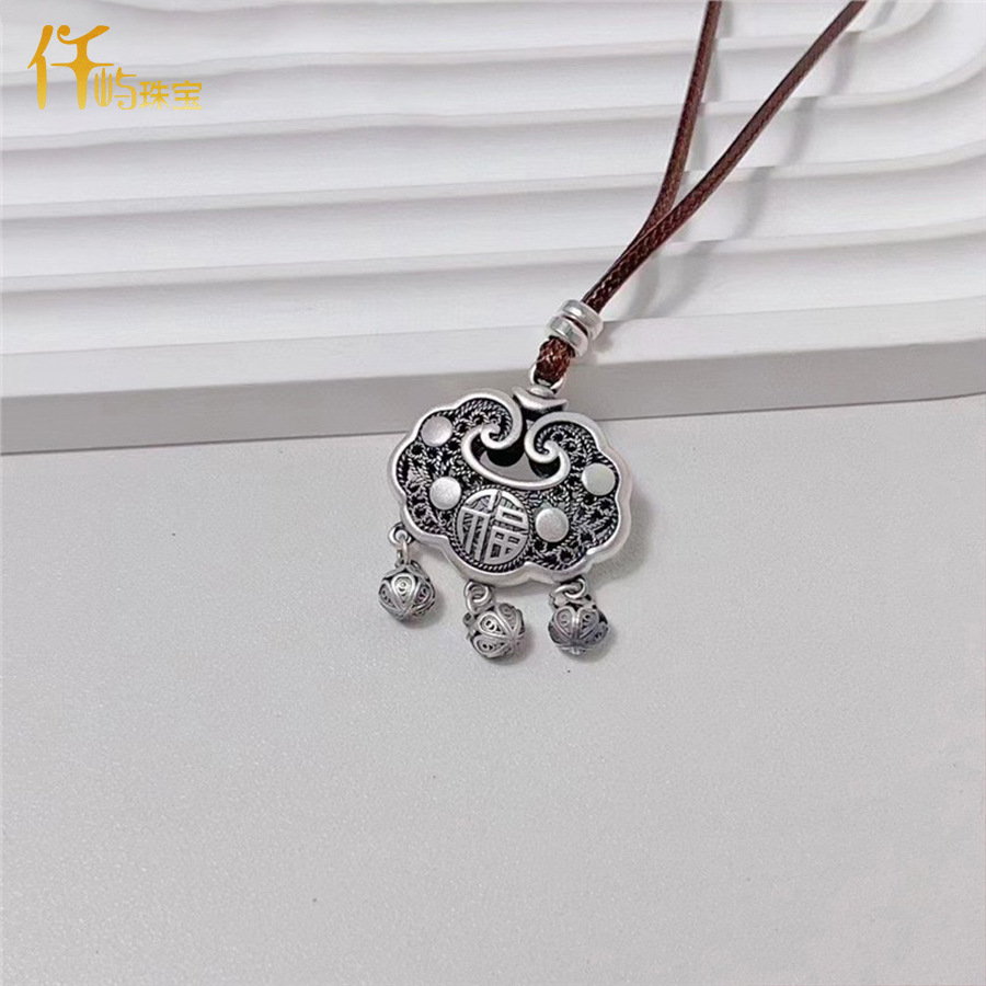足银s999镂空锁平安长命复古银锁大人项链吊坠宝宝儿童银链送女友