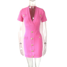 夏季新款粉色街头潮人高腰短裙V领铆钉扣包臀连衣裙小性感跨境热