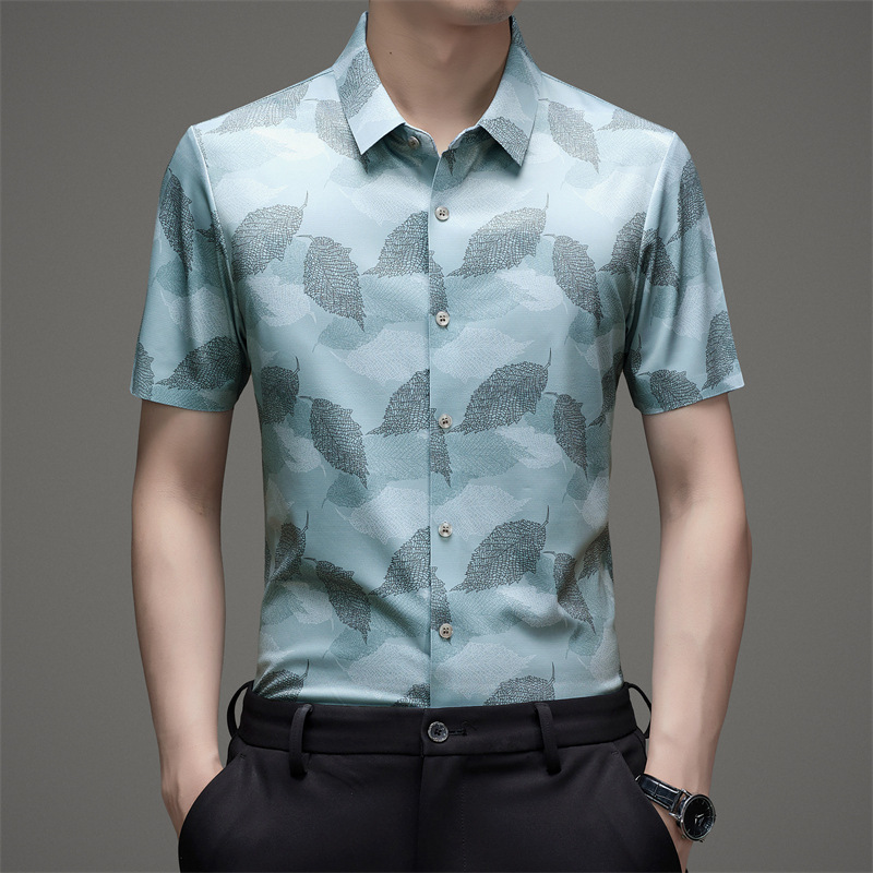 夏季新品男式短袖衬衫商务休闲抗皱免烫冰丝无痕印花中年男士衬衣