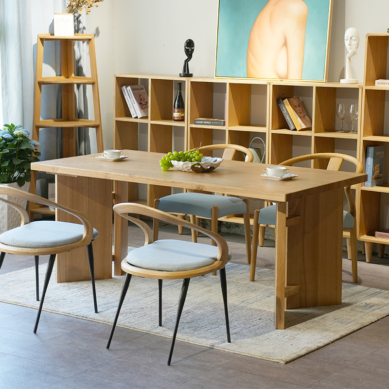 北欧风原木长条桌餐桌长方形图书馆木头桌子复古实木大板桌工作台