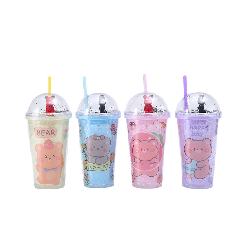 Creative Broken Ice Bear Plastic Water Cup Portable Drop-Resistant Summer Ice Cup Cartoon Double Plastic Straw Cup Wholesale