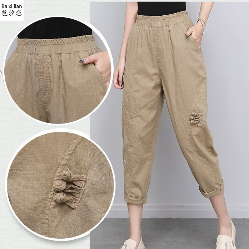 七分裤女夏季薄款棉麻贴布盘扣中裤高腰舒适松紧腰女士宽松哈伦裤