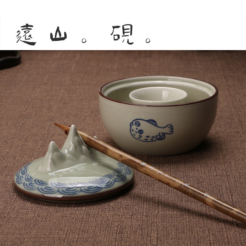 新款陶瓷火锅砚 四寸墨汁盒 文房四宝远山砚台盛墨水装墨汁毛笔书