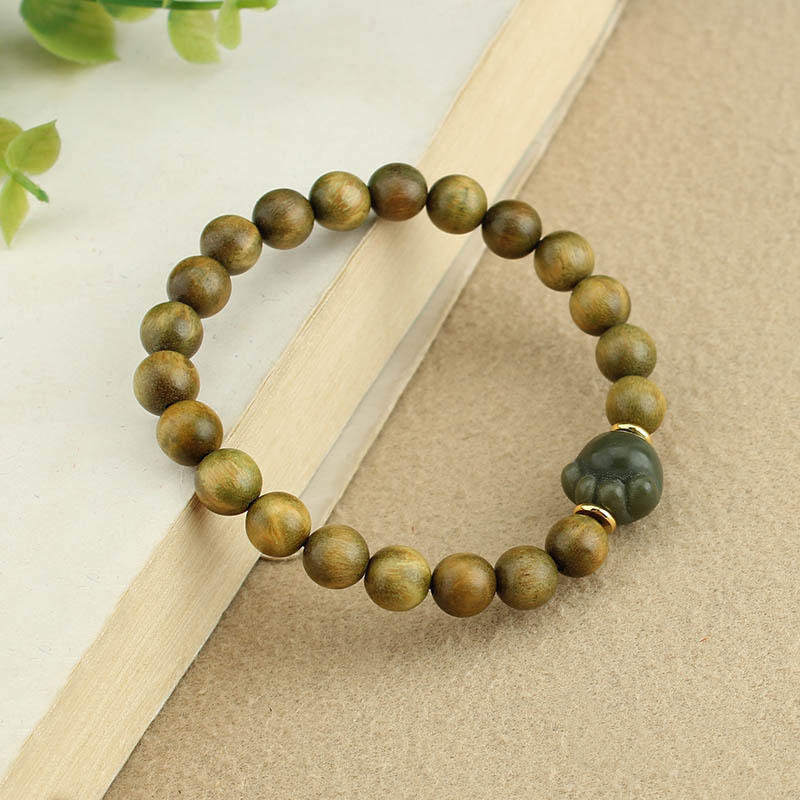 Simple Green Sandalwood Bracelet Women's Cute Cat Claw Chinese Style Wooden Student Bracelet Couple Retro Style Ornament Single Circle