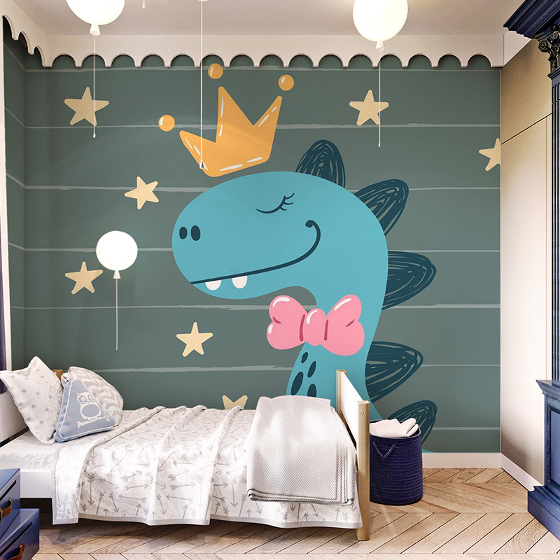 绿色恐龙墙纸卡通儿童房壁纸壁布背景墙男孩卧室创意幼儿园壁画