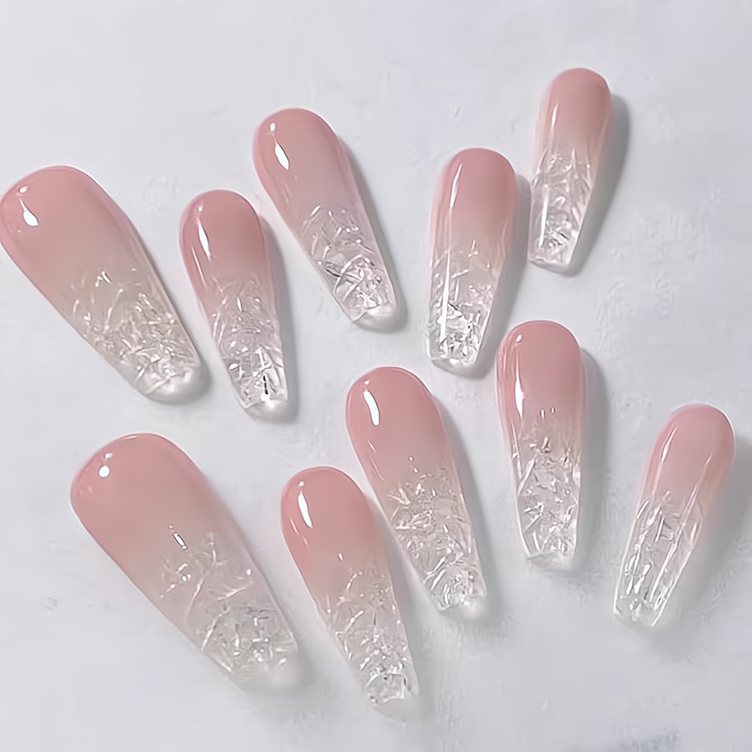 手工穿戴甲2024新款夏日冰透裸色天蓝色渐变简约琉璃脆碎玻璃美甲