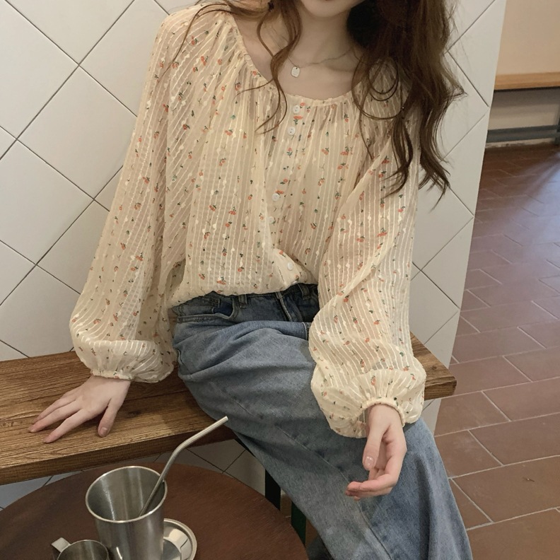 Early Spring and Autumn Simple Chiffon Floral Shirt Women's Design Sense Niche Chic Thin Hong Kong Style Long Sleeve Top Summer