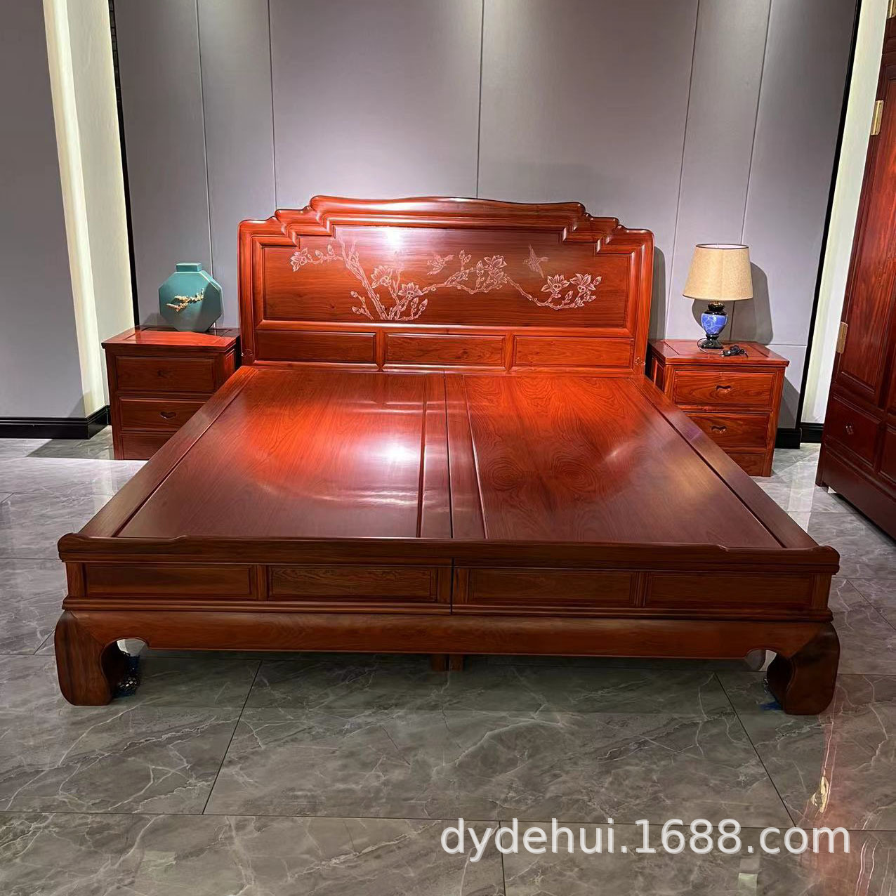 大果紫檀双人床缅甸花梨红木大床分色影雕储物床实木大脚床成套