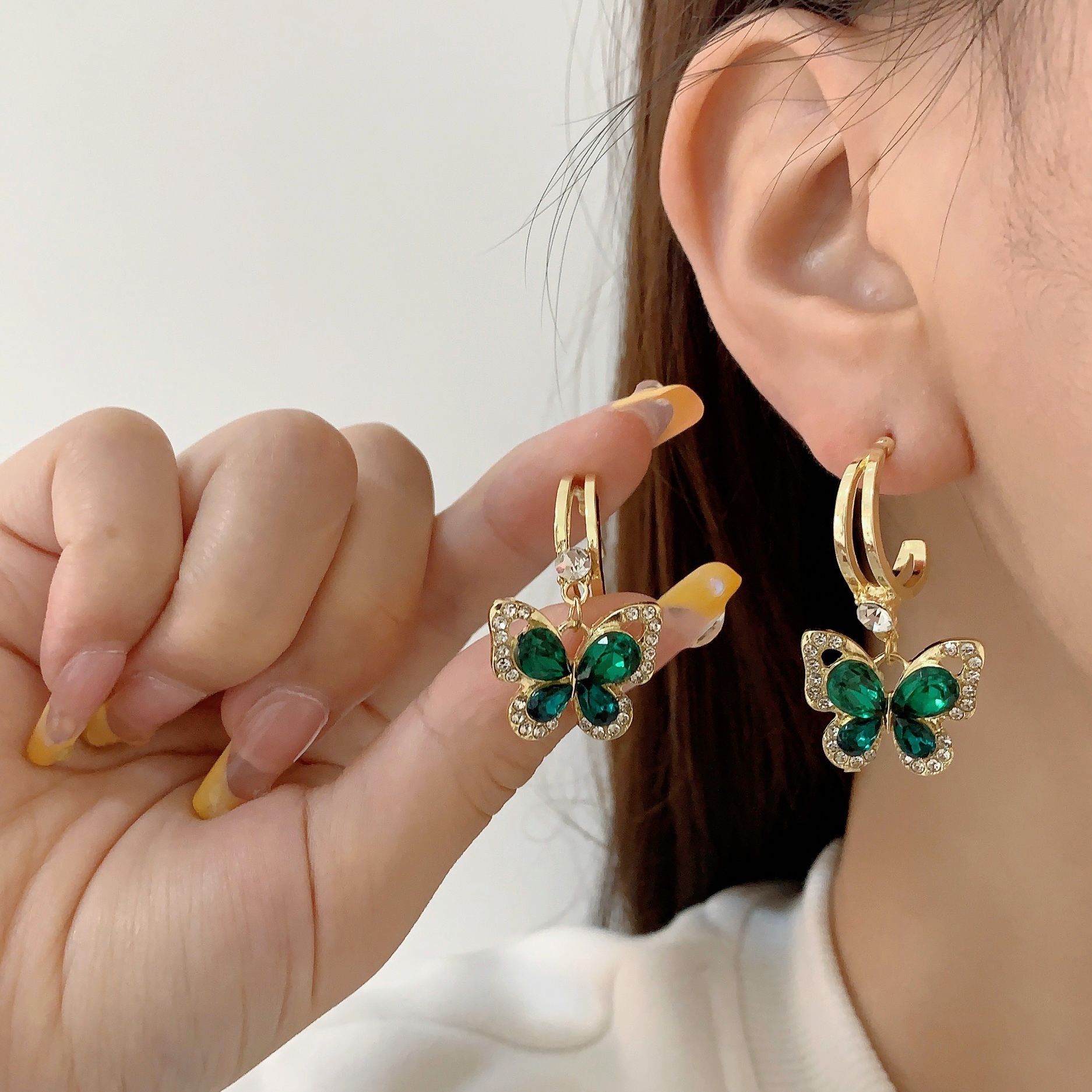 south korea retro grandma green crystal butterfly earrings women‘s light luxury high-grade earrings elegant wild earrings earrings