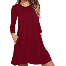 亚马逊ebay欧美跨境女装纯色圆领长袖连衣裙带口袋A字大摆裙
