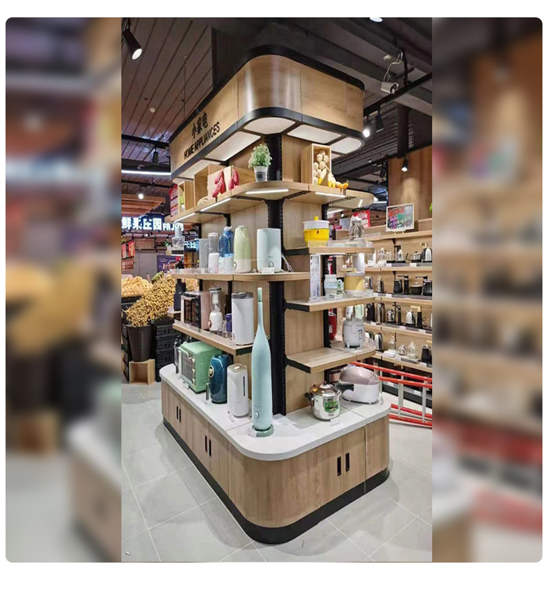 圆柱包柱弧形书架超市大卖场木质烤漆食品饮料展柜零食陈列架货架