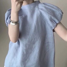 【非常难得的版型】法式复古短袖T恤女春夏季蓝色设计感小众上衣