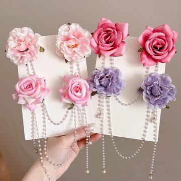 玫瑰花朵儿童发夹珍珠流苏吊坠女童仙美头饰古风头花女孩发卡头饰