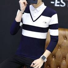 秋冬季男士长袖T恤韩版修身假两件青年衬衫领打底衫男装上衣