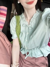 绿色短袖衬衫女夏季新款设计感小众系带褶皱衬衣法式奶系温柔上衣