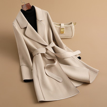 米白色双面羊绒大衣女中长款2023秋冬新款系腰带显瘦羊毛呢子外套
