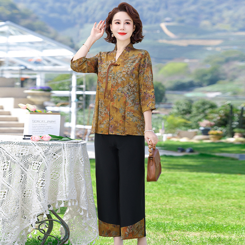 中老年女装夏装民族风套装洋气短袖上衣妈妈夏季小衫新中式两件套
