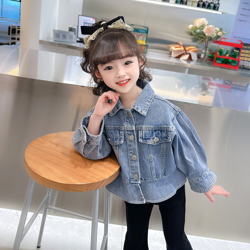 2023 New Spring Clothes for Baby Girls Western Style Lantern Sleeve Denim Jacket Children Fried Street Stylish Korean Top