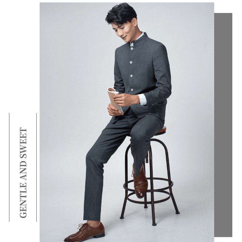 中华立领中山装套装中国风唐装灰色男士修身中式爸爸结婚礼服